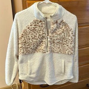 Maurices cream and animal print fleece half zip pullover.